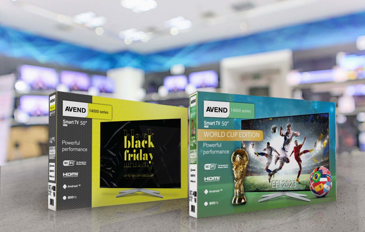 Two colorfully printing TV boxes in a retail store