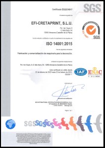 EFI Cretaprint SLU has achieved the ISO 14001:2015 environmental quality certification