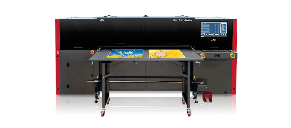 EFI Pro 16h+ hybrid flatbed/roll-fed LED printer.