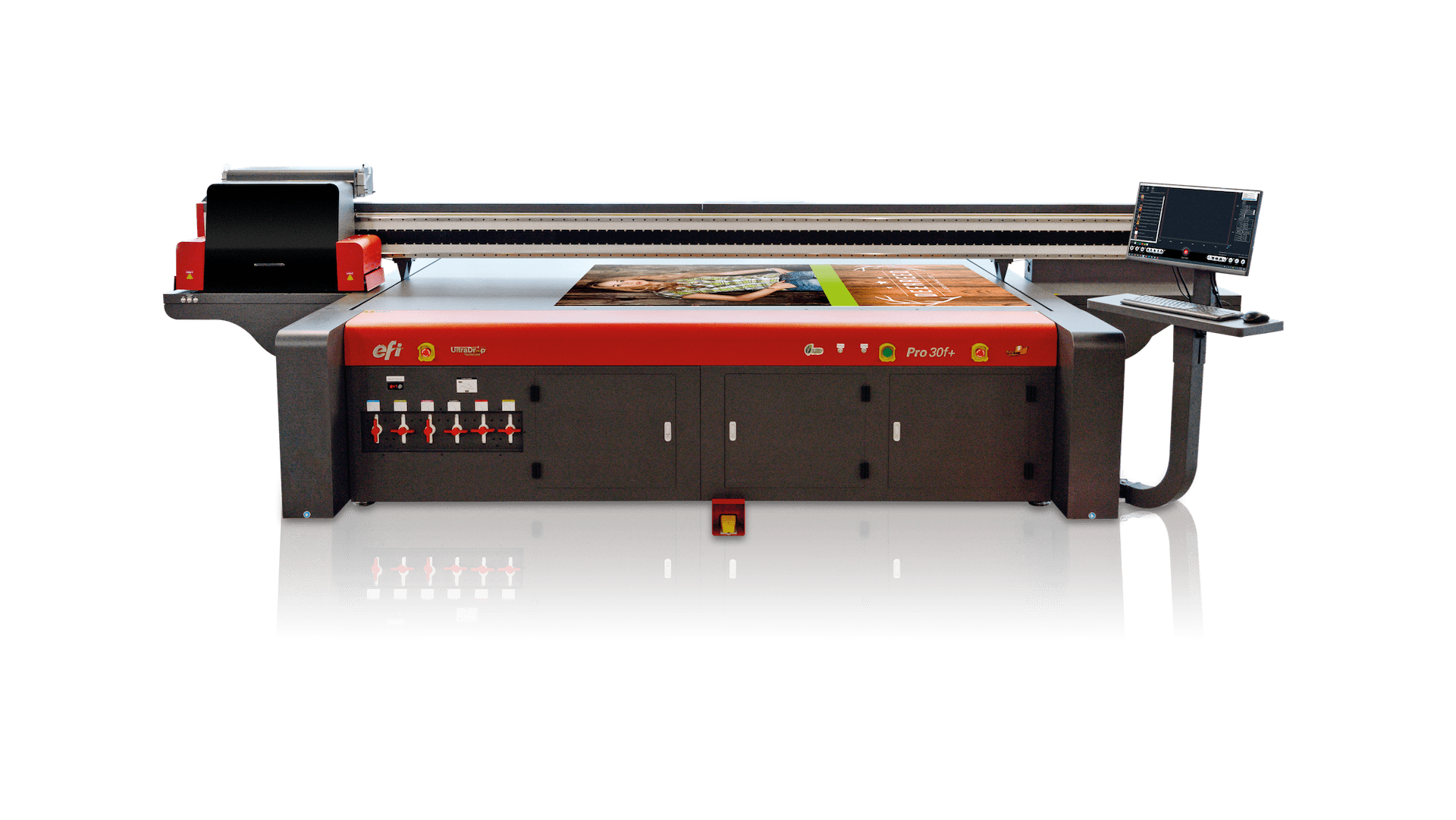 EFI Pro 30f+ flatbed LED printer.