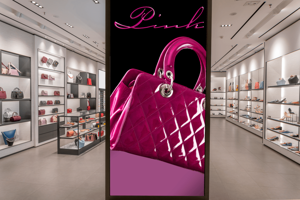 Pink handbag sign in a retail shop.